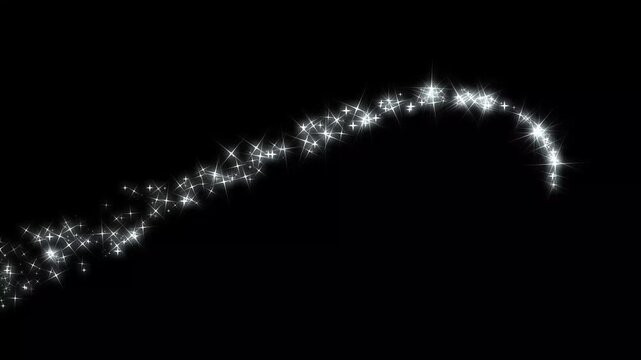 Twinkling stars animation, white cartoon blinking stars, fast line glitter motion, flat vector doodle sparkle, glowing light trails, 2D particle magic tail sparkling glitter on black screen background