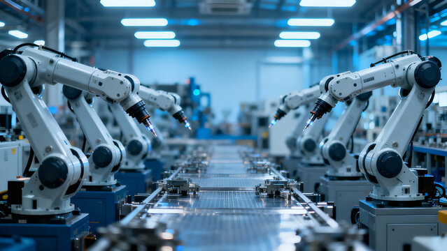 A series of robotic arms in a modern factory setting, demonstrating advanced automation and engineering for high-quality production.