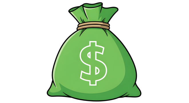 Green money bag with dollar sign, tied at the top, full of cash, isolated on transparent background