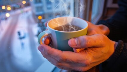 Hands holding steaming mug of tea by window winter scene