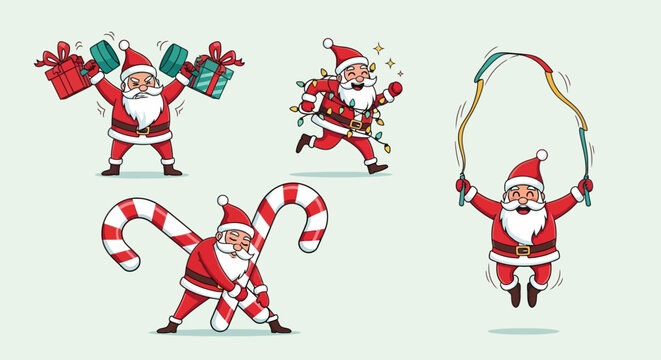 Christmas themed illustrations of Santa Claus engaging in various fun and energetic activities like dancing, jumping rope, and lifting gifts