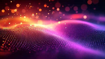 Abstract digital wave pattern with glowing orange, pink, and purple particles and shimmering bokeh lights background