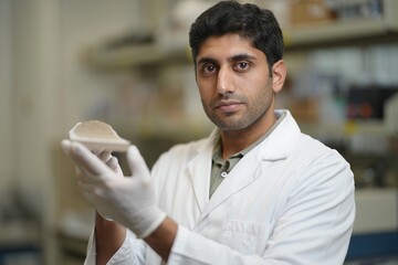 Materials engineer in a lab holds a material sample for analysis during testing.