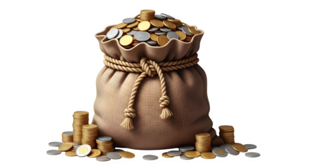 Full money bag with gold and silver coins spilling out, isolated on transparent background
