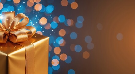 Luxurious gold gift box with a shiny ribbon on a festive background. Holiday celebration concept with blue and orange bokeh lights and copy space for text