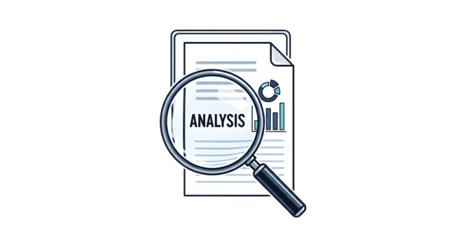 Magnifying glass over a document with analysis text and charts, isolated on transparent background