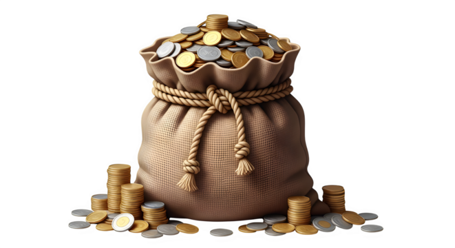 Full money bag with gold and silver coins spilling out, isolated on transparent background