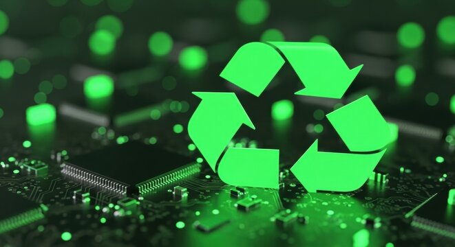 A vibrant green recycling symbol rests on a dark computer circuit board with a glowing microchip, illustrating the concept of e-waste management and sustainable technology