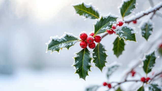 Holly branches with red berries covered in snow green