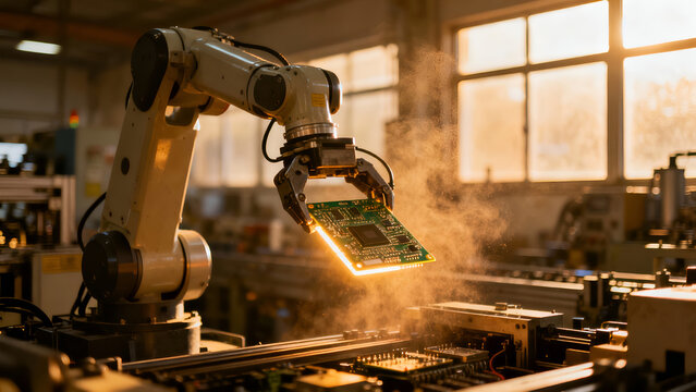 Robotic arm gripping a circuit board in a bright factory, ideal for tech industry visuals or manufacturing ads.