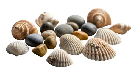 Assortment of natural seashells and smooth stones from the beach, isolated on transparent background