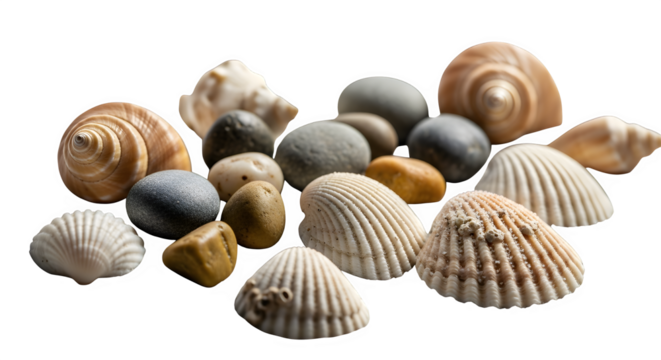 Assortment of natural seashells and smooth stones from the beach, isolated on transparent background - Powered by Adobe