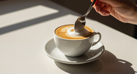 Hand stirring cappuccino foam in a white cup on a table  