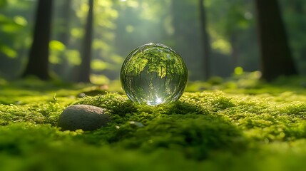 Crystal sphere on vibrant green moss in sunlit forest, reflecting inverted trees and light, nature's beauty
