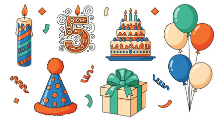 Birthday Party Elements Candles, Cake, Balloons, and Gifts for Celebration