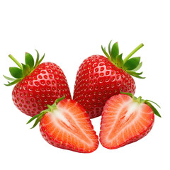 Four vibrant red strawberries, three whole and one halved, with glossy texture and tiny seeds on a transparent background, softbox lighting. Concept of healthy eating and freshness