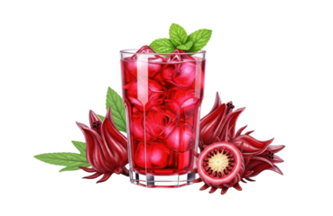 Refreshing glass of vibrant red hibiscus tea or roselle juice with ice cubes and fresh mint garnish, surrounded by whole and cut hibiscus calyxes, isolated on transparent background