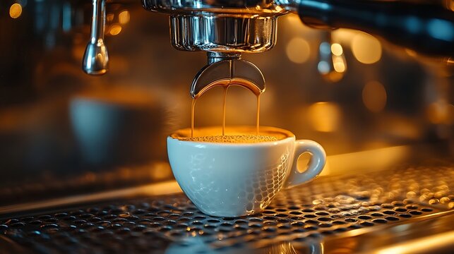 Freshly brewed rich espresso shot pouring into a pristine white ceramic cup from a professional coffee machine at cafe