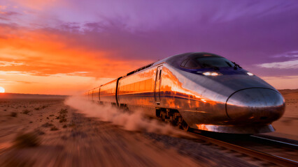 A modern high-speed train glides across a stunning desert landscape at sunset, perfect for travel ads or scenic backgrounds.