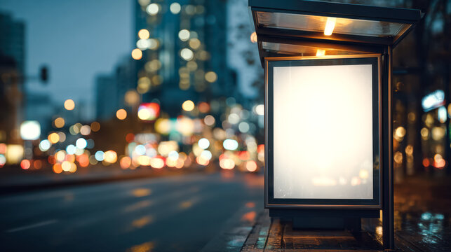 Empty illuminated bus stop shelter on an urban street at dusk