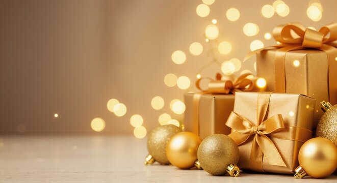 A collection of golden Christmas gifts with shiny ribbons. Festive holiday background with bokeh lights and copy space