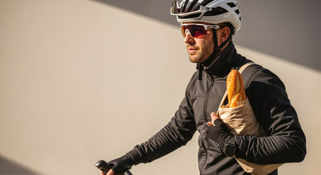 Urban cyclist wearing helmet and sunglasses carrying baguette  