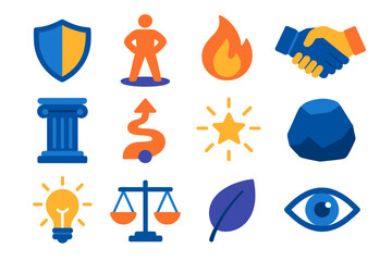 Strength Icons Collection. Steadfast Strength flat icon set: protective shield, grounded stance, core flame, firm handshake, stability pillar, anchored path, determination spark