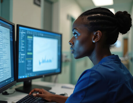 Nurse works with computer at station. Doctor analyses patients data. Young medical worker types on keyboard. Woman checks electronic health records on monitors in modern clinic. Healthcare