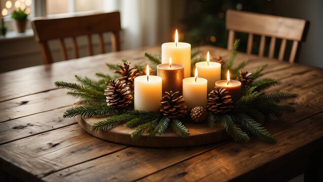 Lit candles and pinecones on a wooden table christmas - Powered by Adobe