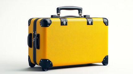 Bright yellow vintage-style hard-shell travel suitcase with black corner protectors and telescopic handle, isolated for travel concepts
