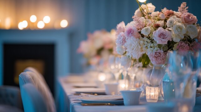 affiliation. Elegant wedding table setting with floral arrangements and soft glow. lifestyle magazines, social media lookbooks, designed for lifestyle magazines and social media content.
