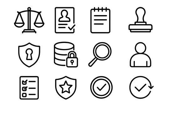 Ethical Research Icons. Ethical Research Frameworks linear icon set: balanced scale, consent form icon, guidelines sheet, approval stamp, privacy shield, data lock, clarity lens
