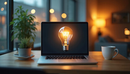 Laptop displays light bulb sign symbolising business ideas generation, inspiration, and innovation. Digital concept represented by a bright lamp on pc screen in modern interior with plants and coffee.