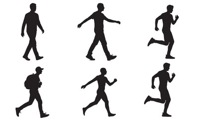 Collection of six human figures in various walking and running poses silhouette