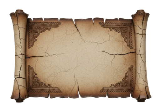Ancient scroll unraveled historical context textured isolated on transparent background
