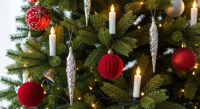 A beautifully decorated Christmas tree with classic red and silver ornaments, glowing electric candles, and warm fairy lights creating a festive and cozy holiday atmosphere - Powered by Adobe