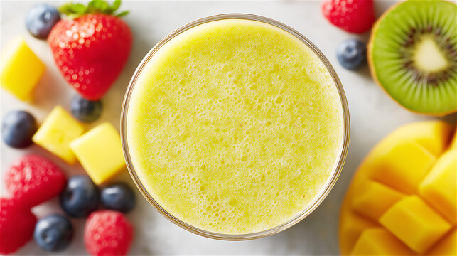 Smoothie bowl with bright tropical fruits including mango, kiwi, berries and banana, representing freshness, wellness and modern vibrant healthy eating.