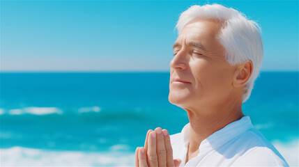 A man is sitting on the beach and praying