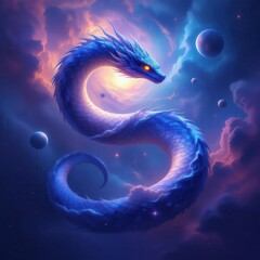 Ethereal azure dragon coils gracefully amid cosmic clouds and orbiting planets in twilight nebula.