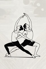 Two People In Synchronized Yoga Pose Warrior II With Arms Extended