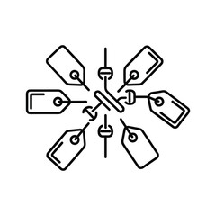 Abstract line art icon representing multiple key tags connected to a central hub, isolated on