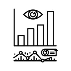 Business data analysis icon with bar chart, line graph, and eye symbol representing monitoring and insight isolated on