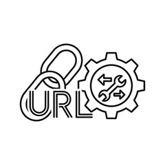 Black and white line icon representing url settings, link management, and website configuration with a gear and wrench