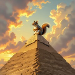 Vigilant squirrel perched triumphantly atop a weathered ancient pyramid during a radiant golden sunset.