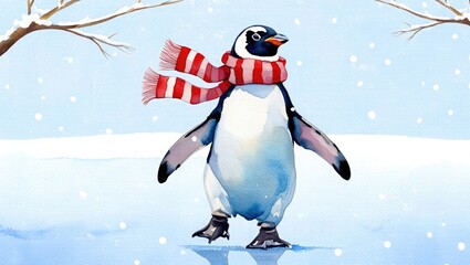 Penguin wearing red and white striped scarf ice skating