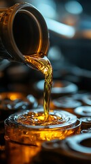 Golden viscous liquid pouring from a container, highlighting its rich texture, smooth flow, and industrial quality.