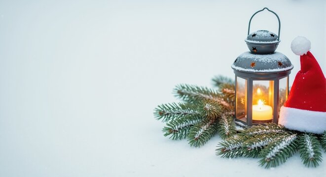 A festive Christmas lantern with a lit candle, a Santa hat, and fir branches in the snow. Winter holiday background with copy space for text