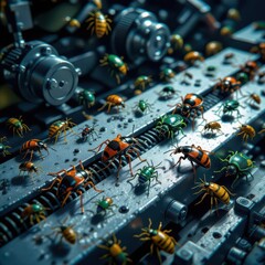 Vibrant multicolored insects swarm across intricate metallic machinery gears in detailed macro closeup.