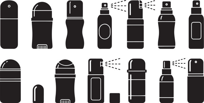 Various antiperspirant and deodorant packaging are visible, illustrating stick, spray, roll on and pump bottle options in black silhouette on