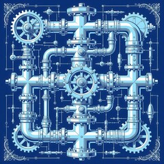Intricate steampunk contraption of twisting pipes and interlocking gears in ornate blue line drawing.